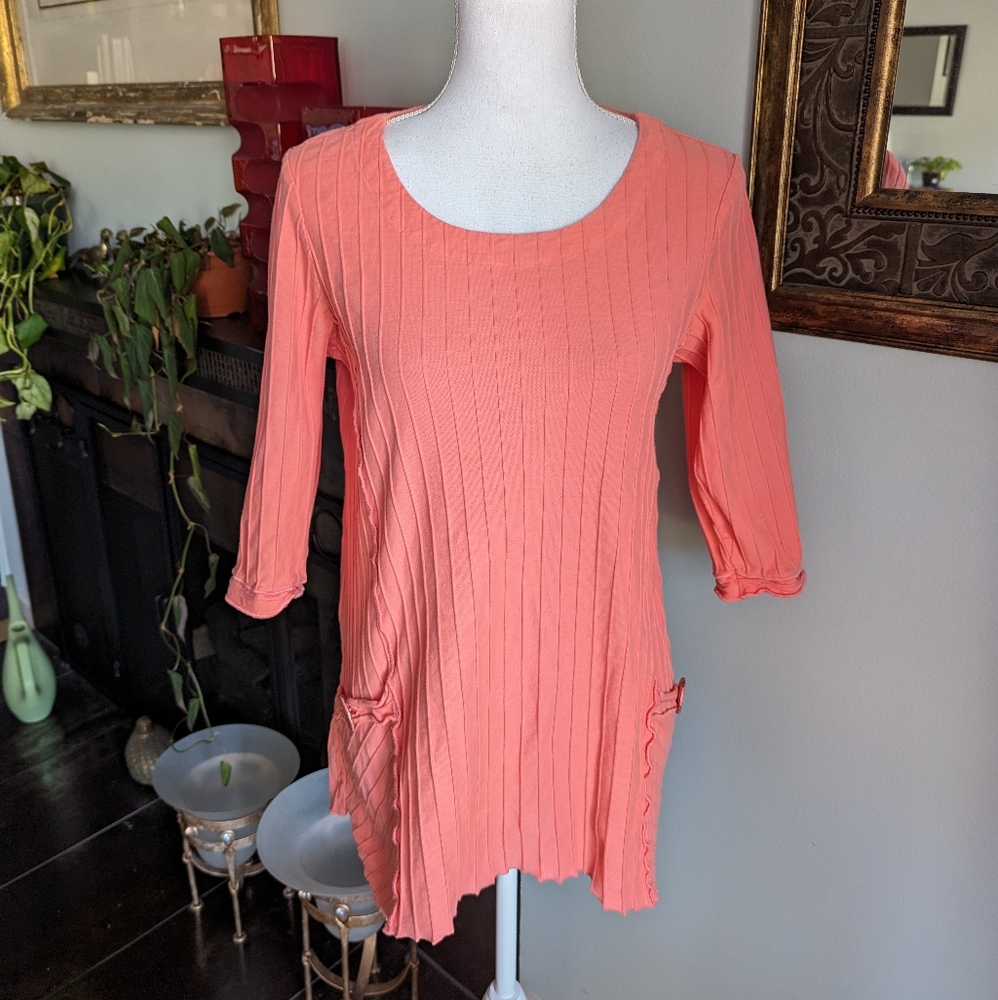 Ali Miles Coral Orange Pleat Blouse Women's Small 3/4Sleeve Cotton Tunic Top 97